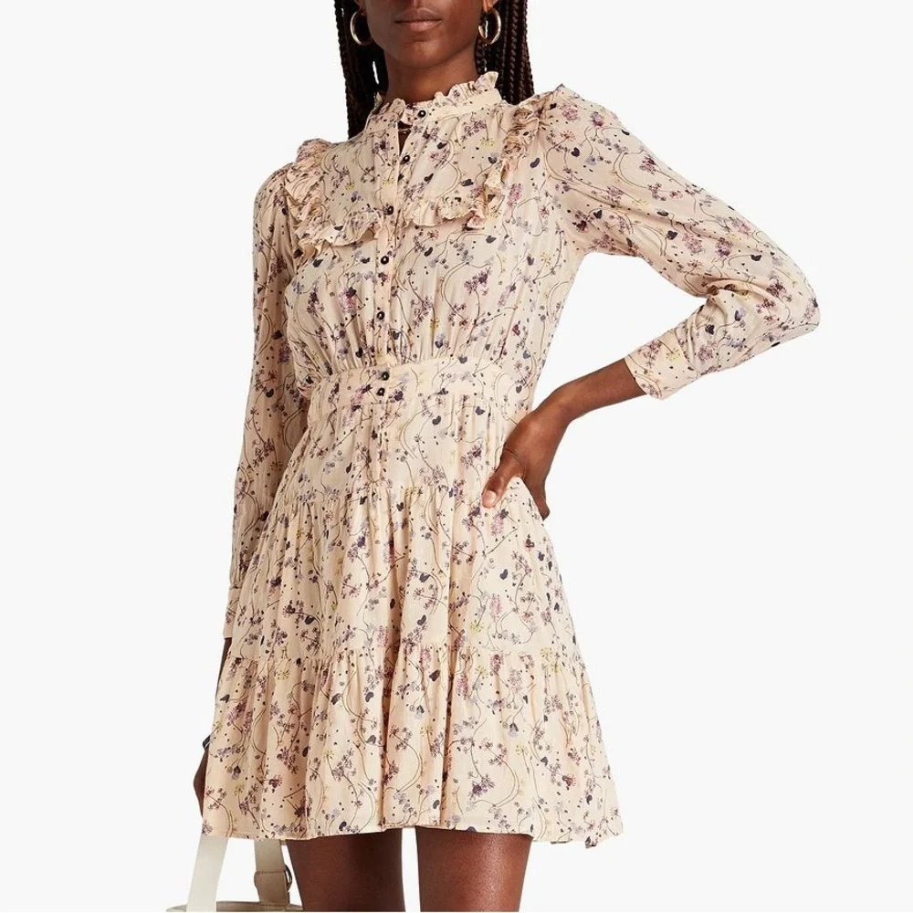 {BA&SH} Belle Pleated Ruffle Floral Cotton-Gauze Dress, Size L, NWT